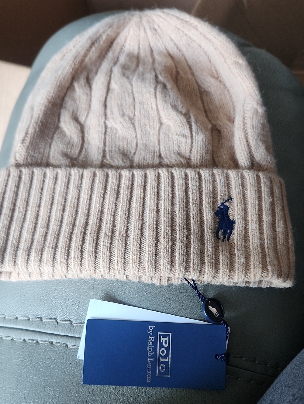 Polo by Ralph Lauren Beige Cable-Knit Beanie with Navy Pony